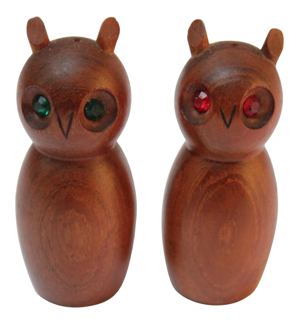 Mid-Century Modern Teak Owl Salt and Pepper Shakers With Jeweled Eyes: Danish Modern Teak Owl Salt and Pepper Shakers with Jeweled Eyes (one red, one green). Very good, vintage condition retaining the original stoppers. Condition: Alterations: Original Condition