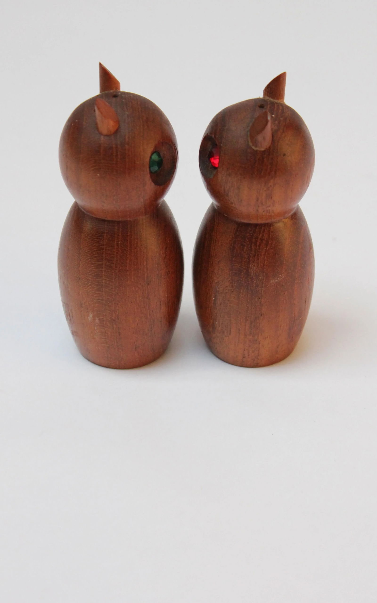 Mid-Century Modern Teak Owl Salt and Pepper Shakers With Jeweled Eyes - 3
