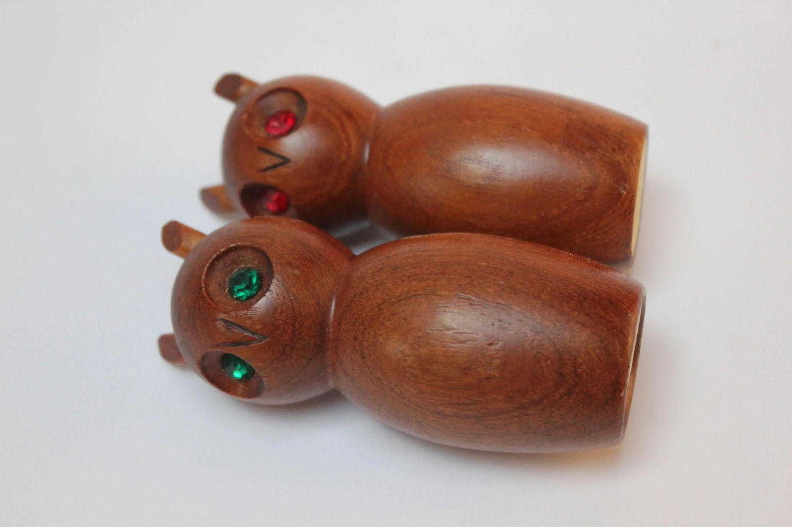Mid-Century Modern Teak Owl Salt and Pepper Shakers With Jeweled Eyes - 5
