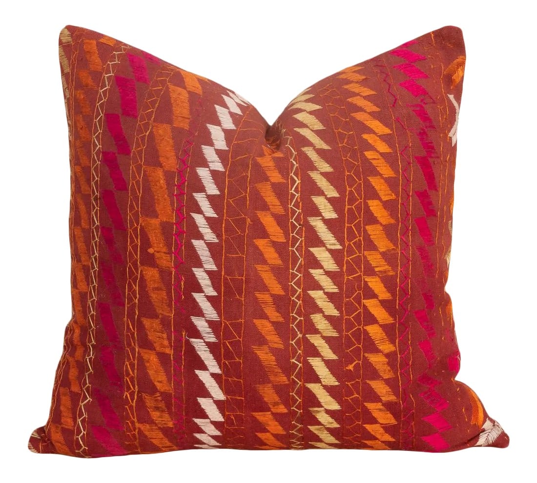 Dhanvi Antique Indian Folk Pillow: This colorful and luxurious Bagh Phulkari pillow features beautiful hand-done silk embroidery on top of a cotton fabric. Phulkari means "flower work" and is very descriptive of this vibrant, delicate