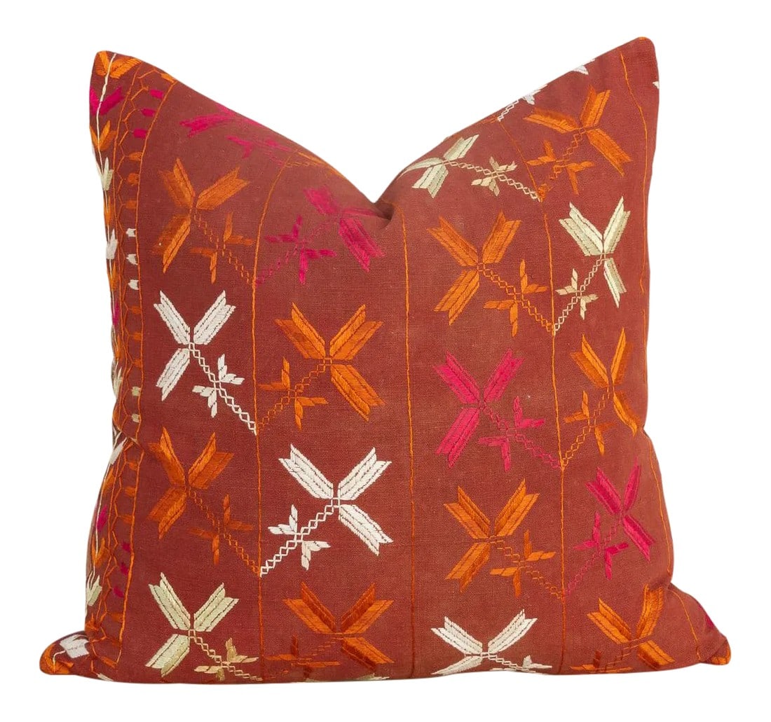 Jiya Antique Indian Folk Pillow: This colorful and luxurious Bagh Phulkari pillow features beautiful hand-done silk embroidery on top of a cotton fabric. Phulkari means "flower work" and is very descriptive of this vibrant, delicate