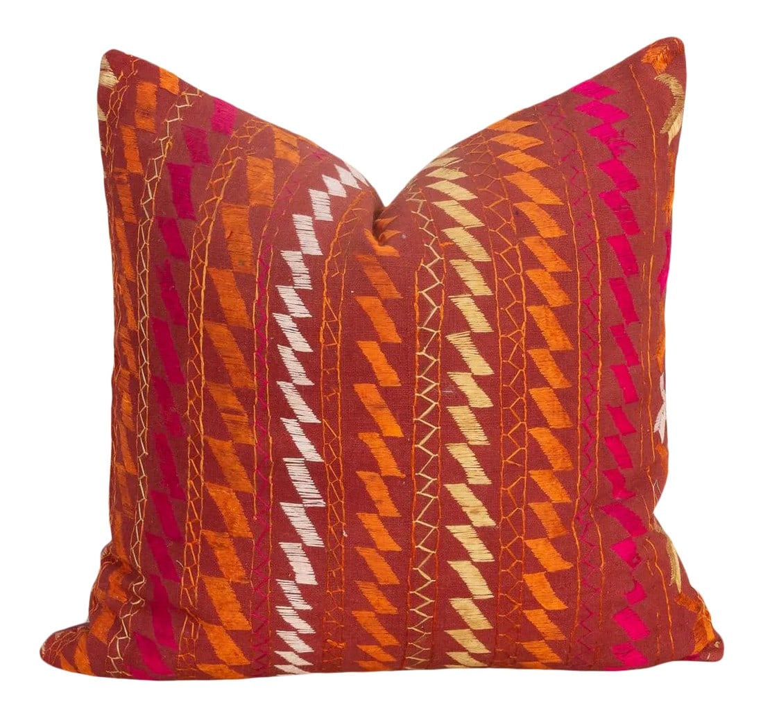 Diya Antique Indian Folk Pillow: This colorful and luxurious Bagh Phulkari pillow features beautiful hand-done silk embroidery on top of a cotton fabric. Phulkari means "flower work" and is very descriptive of this vibrant, delicate