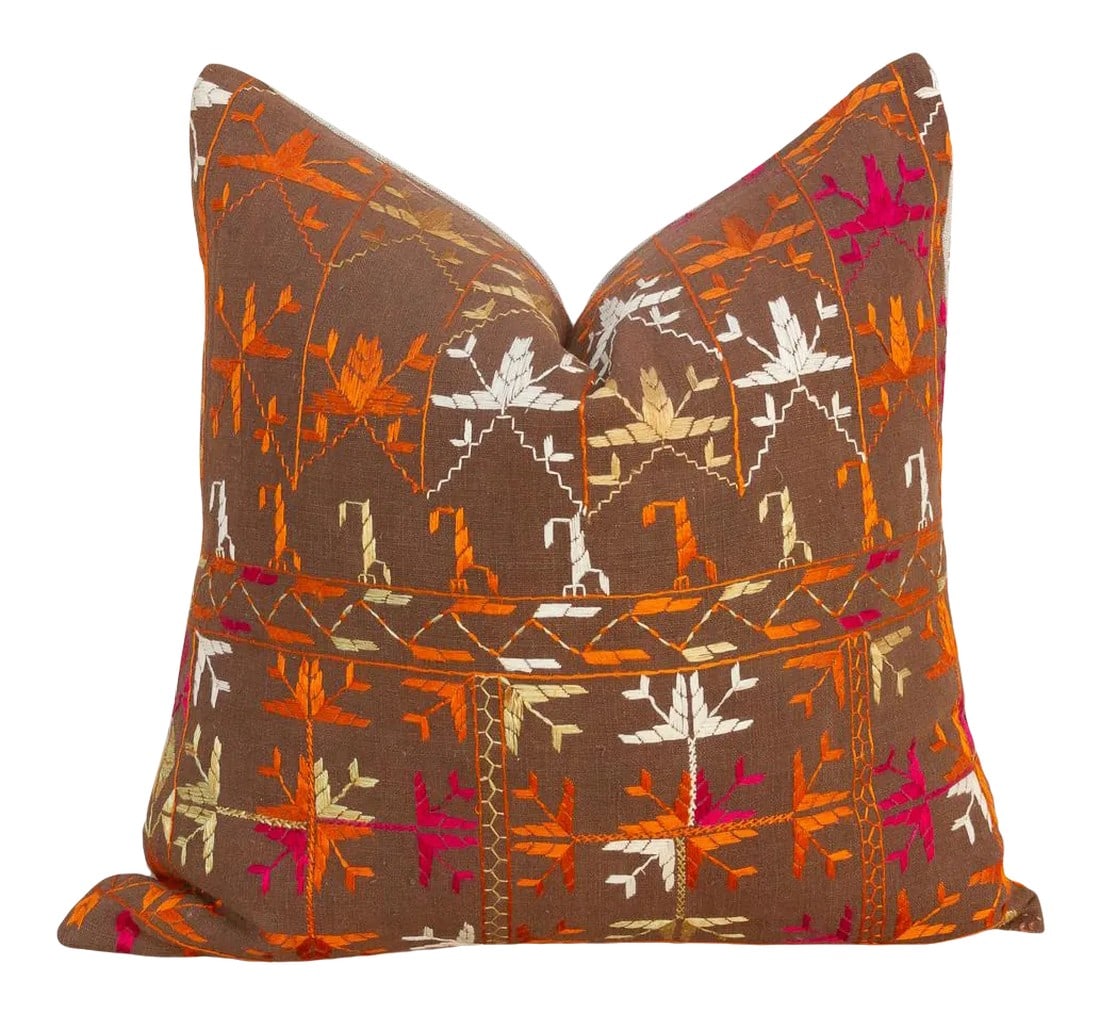 Heer Antique Indian Folk Pillow: This colorful and luxurious Bagh Phulkari pillow features beautiful hand-done silk embroidery on top of a cotton fabric. Phulkari means "flower work" and is very descriptive of this vibrant, delicate