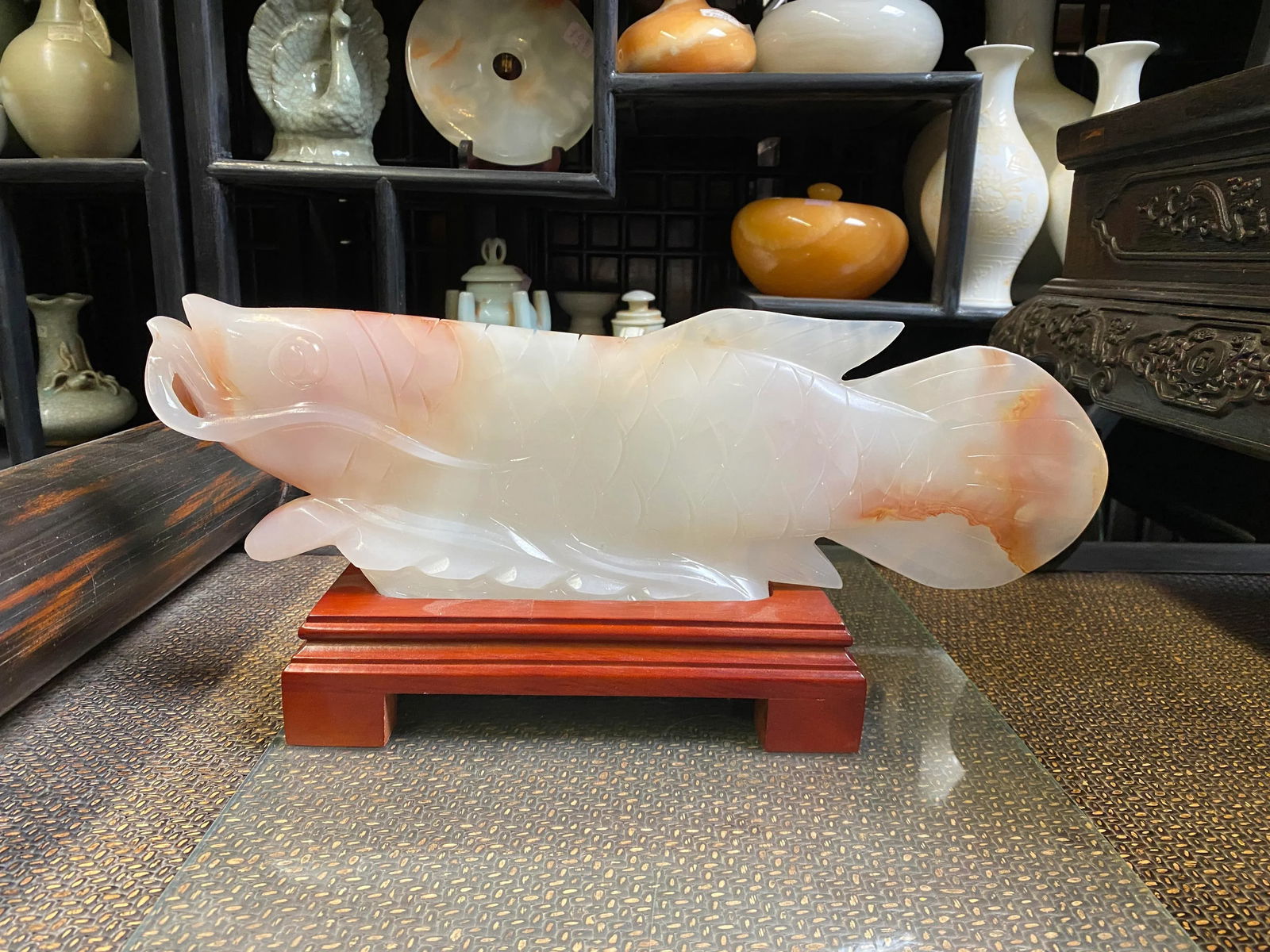 Chinese White Jade Stone Koi / Arowana Fish Fengshui Display Figure - 7
