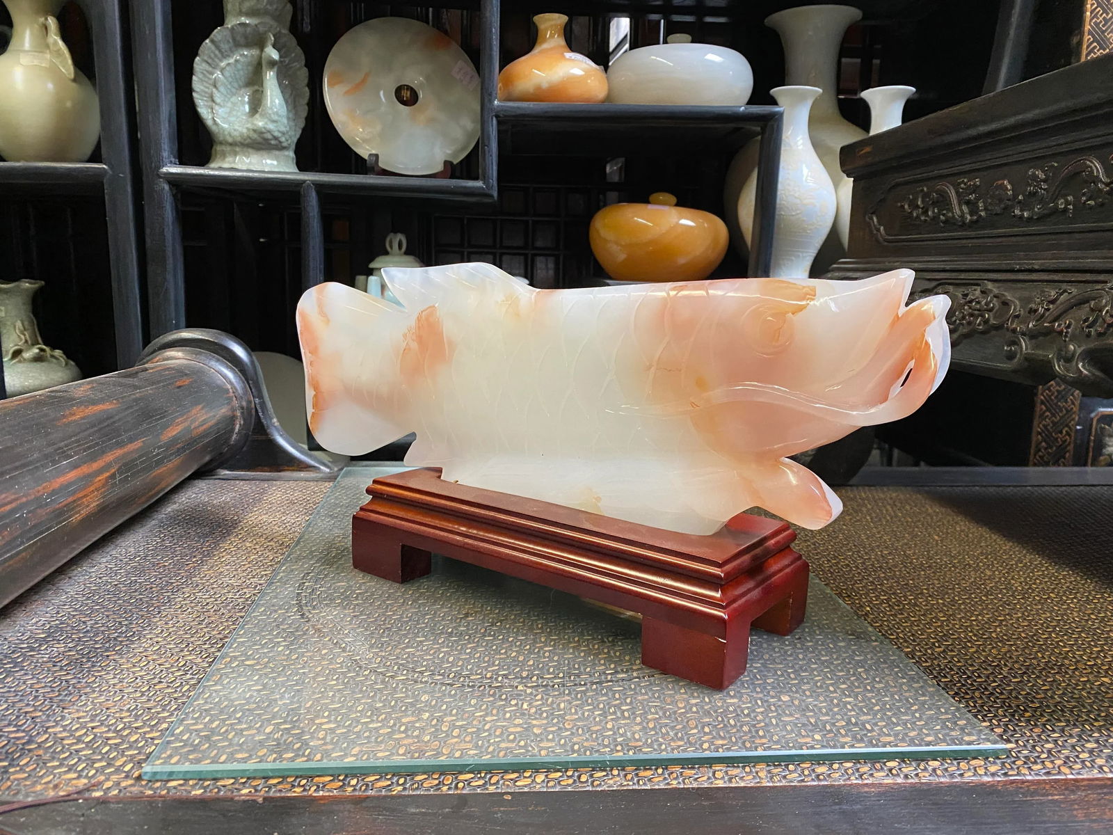 Chinese White Jade Stone Koi / Arowana Fish Fengshui Display Figure - 8