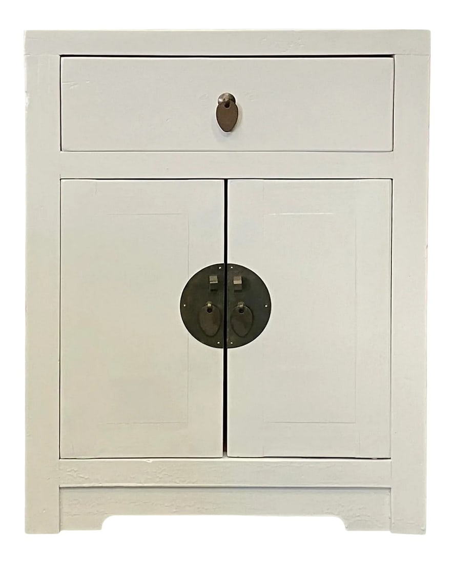 Distressed White Lacquer MoonFace End Table Nightstand Cabinet: This is a handmade Chinese oriental end table nightstand with a drawer and two doors. The surface is finished with plain minor distressed white color. Dimensions: w19.75" x d15.75"x h25.5" Origin: Chi