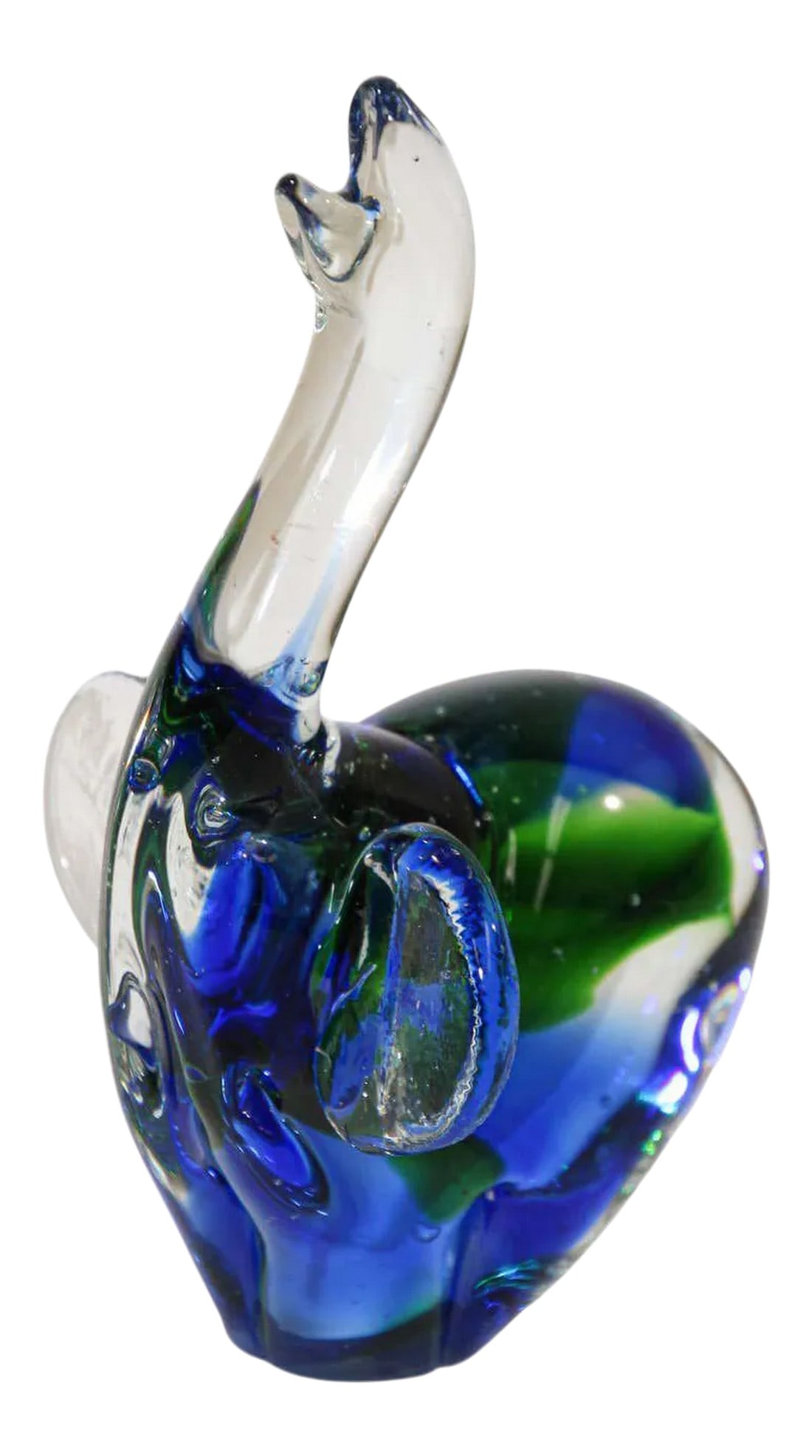 Vintage Emerald Green and Blue Murano Art Glass Elephant Sculpture Paperweight: Gorgeous vintage Murano Venetian style handblown art glass sculpture of an elephant. Italian art glass hand blown green and uranium neon green elephant sculpture. A very beautiful and substantial