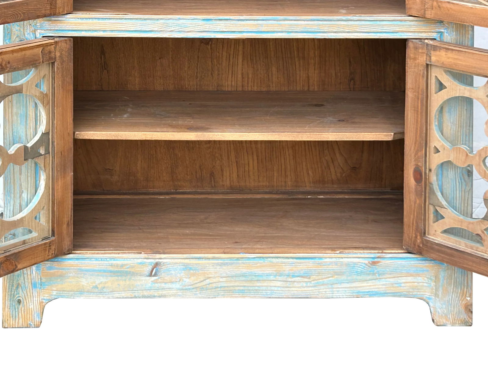 Distressed Shabby Chic Pastel Blue Latticework Glass Door China Bookcase Cabinet - 10