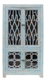 Distressed Shabby Chic Pastel Blue Latticework Glass Door China Bookcase Cabinet
