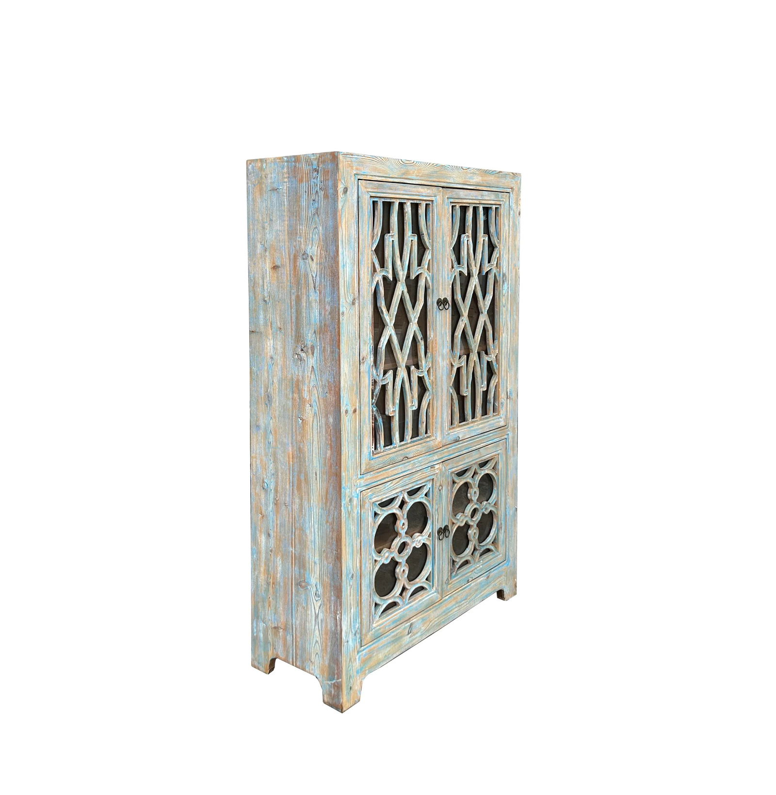 Distressed Shabby Chic Pastel Blue Latticework Glass Door China Bookcase Cabinet - 5