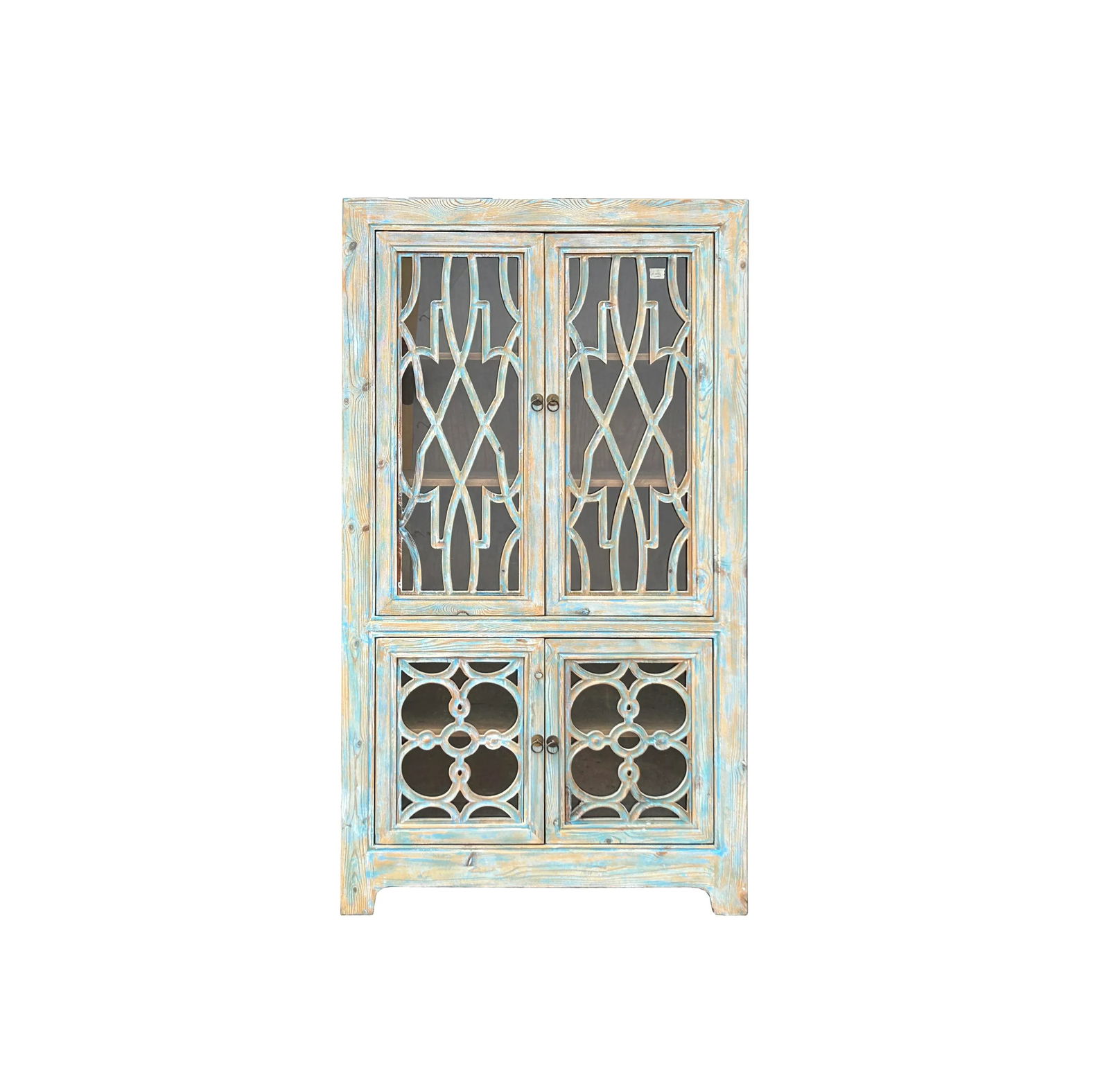 Distressed Shabby Chic Pastel Blue Latticework Glass Door China Bookcase Cabinet - 6