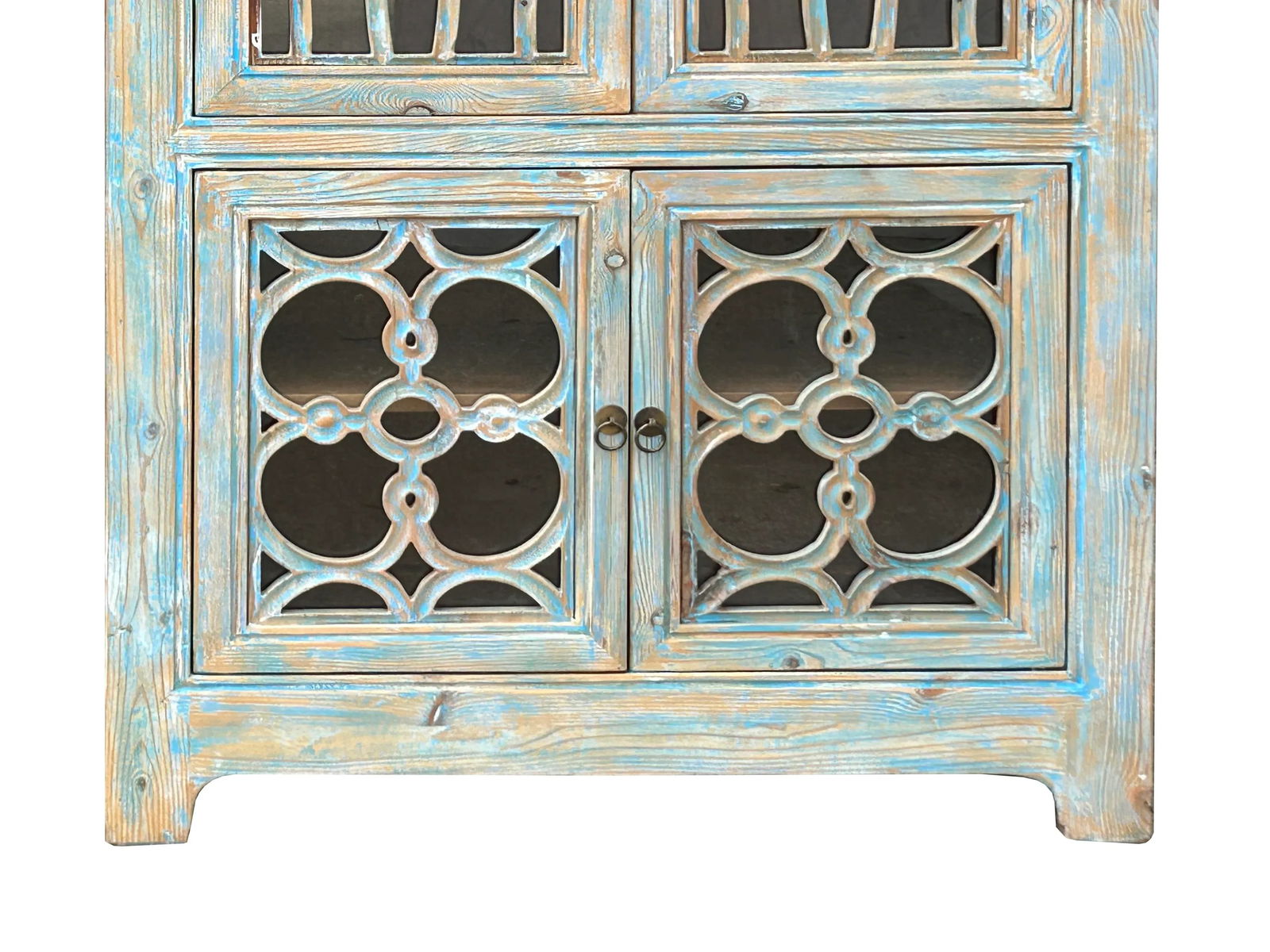 Distressed Shabby Chic Pastel Blue Latticework Glass Door China Bookcase Cabinet - 7