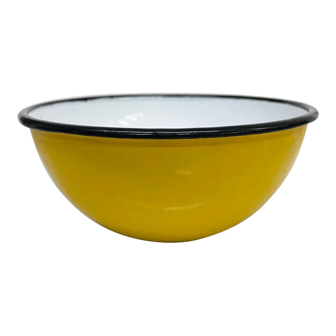 1970s Yellow White & Black Modern Poland Huta Silesia Enamelware Bowl: AMBIANIC presents Huta Silesia POLAND enamelware Medium Size Yellow Bowl Yellow exterior white interior black trim 5.88 diameter x 2.5 inches Maker Stamped underneath. Preowned Condition Original