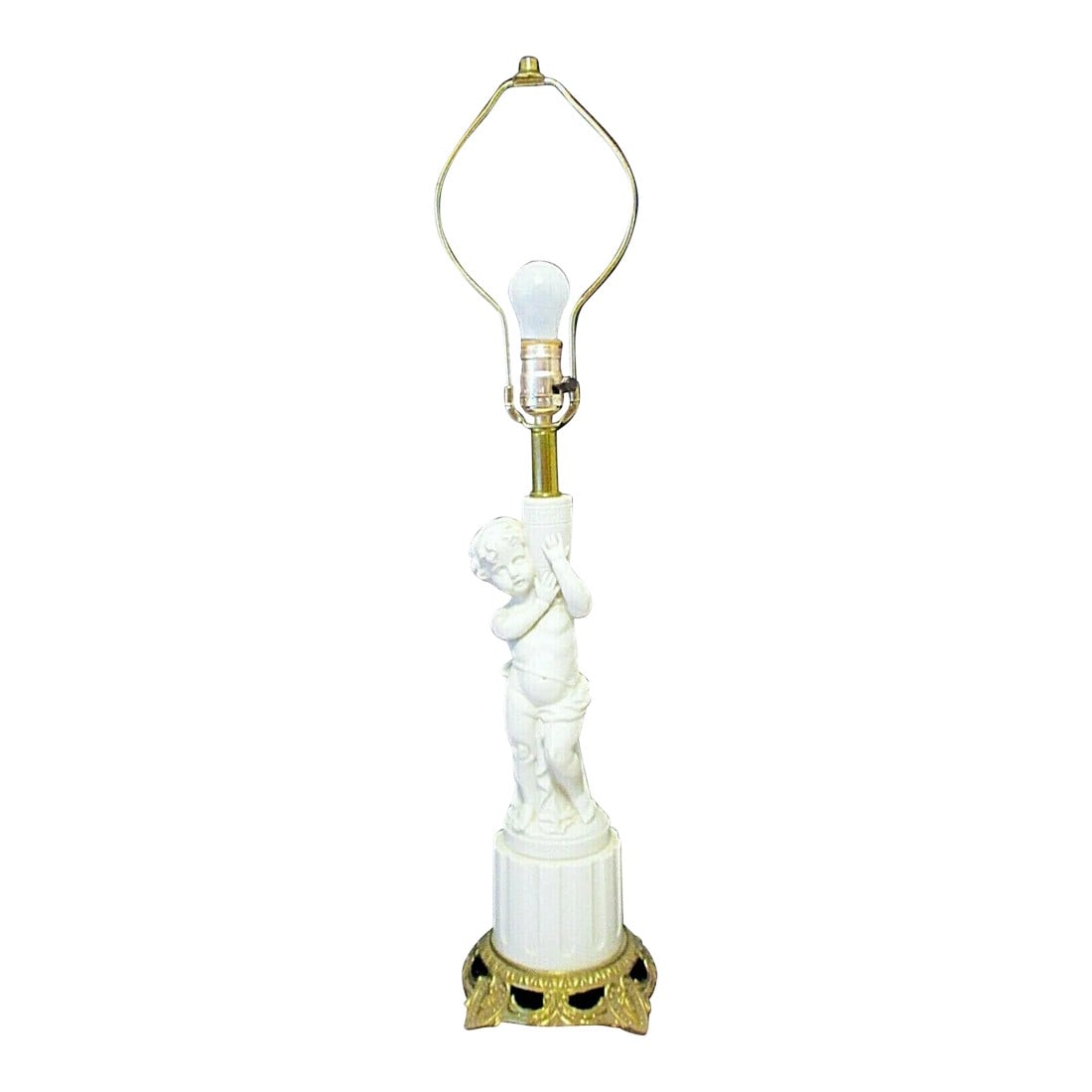 1950s Vintage White Bisque Porcelain Cherub on Column With Gilt Bronze Base Table Lamp: Vintage White Bisque Porcelain Cherub on Column with Gilt Bronze Base Table Lamp Classic bisque draped cherub figure standing atop a ribbed column on a gilt bronze base. The cherub is carrying a greek