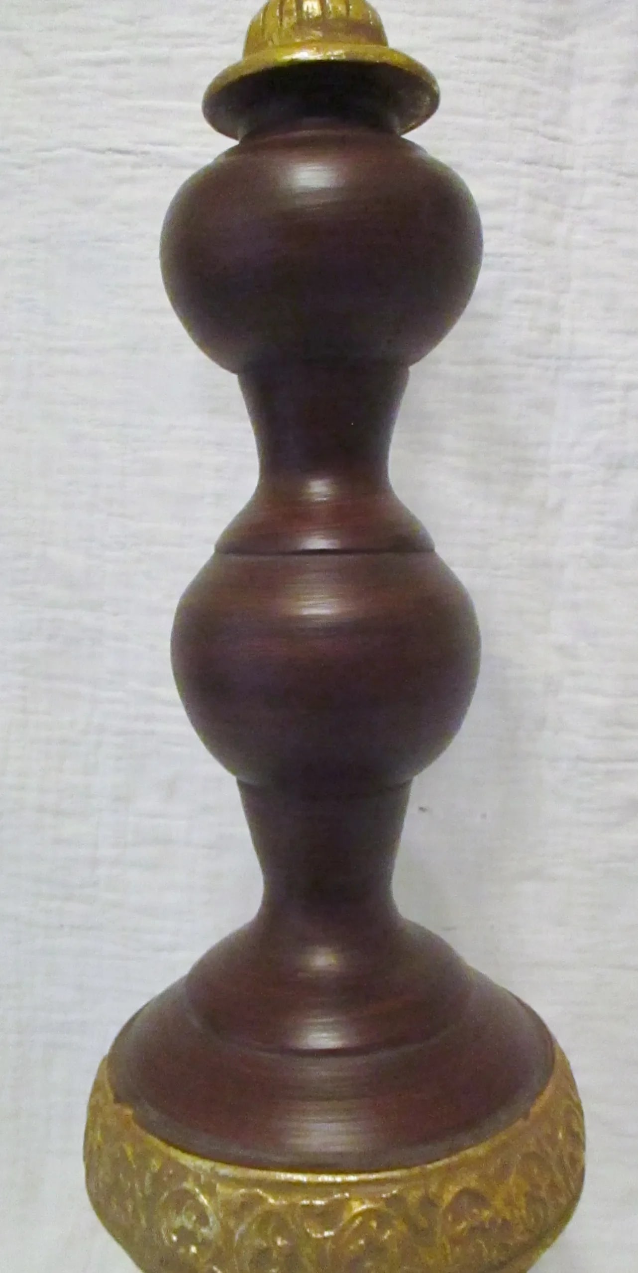 Vintage Tall Brown Turned Wood & Gold Metal Tripod Decorative Table Art - 3