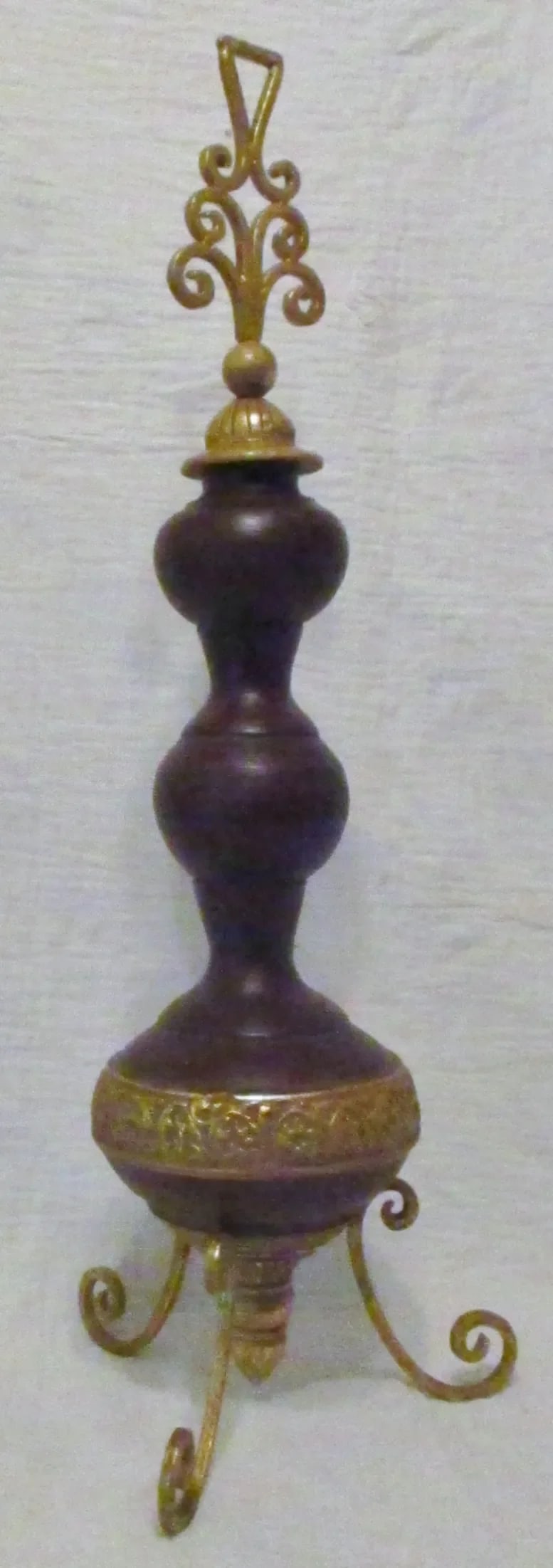 Vintage Tall Brown Turned Wood & Gold Metal Tripod Decorative Table Art - 5