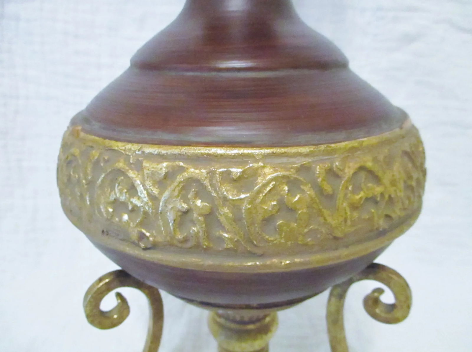 Vintage Tall Brown Turned Wood & Gold Metal Tripod Decorative Table Art - 6