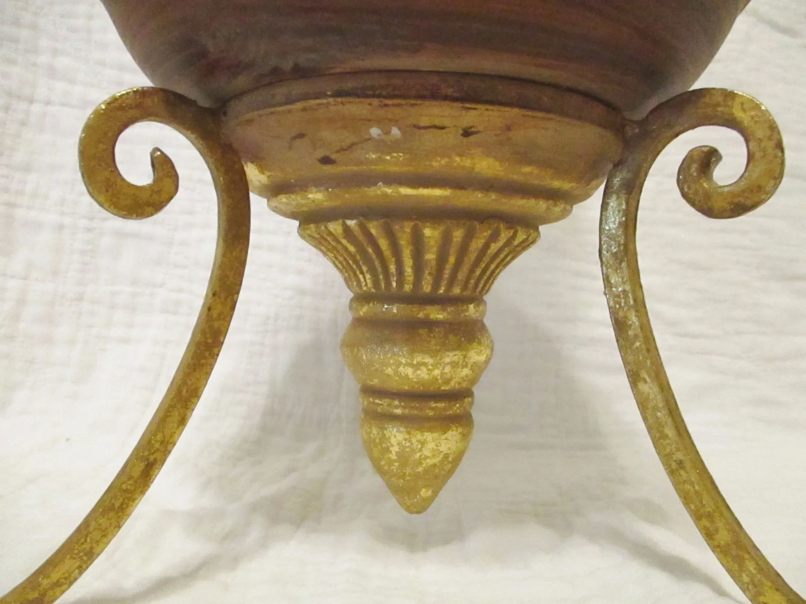 Vintage Tall Brown Turned Wood & Gold Metal Tripod Decorative Table Art - 7