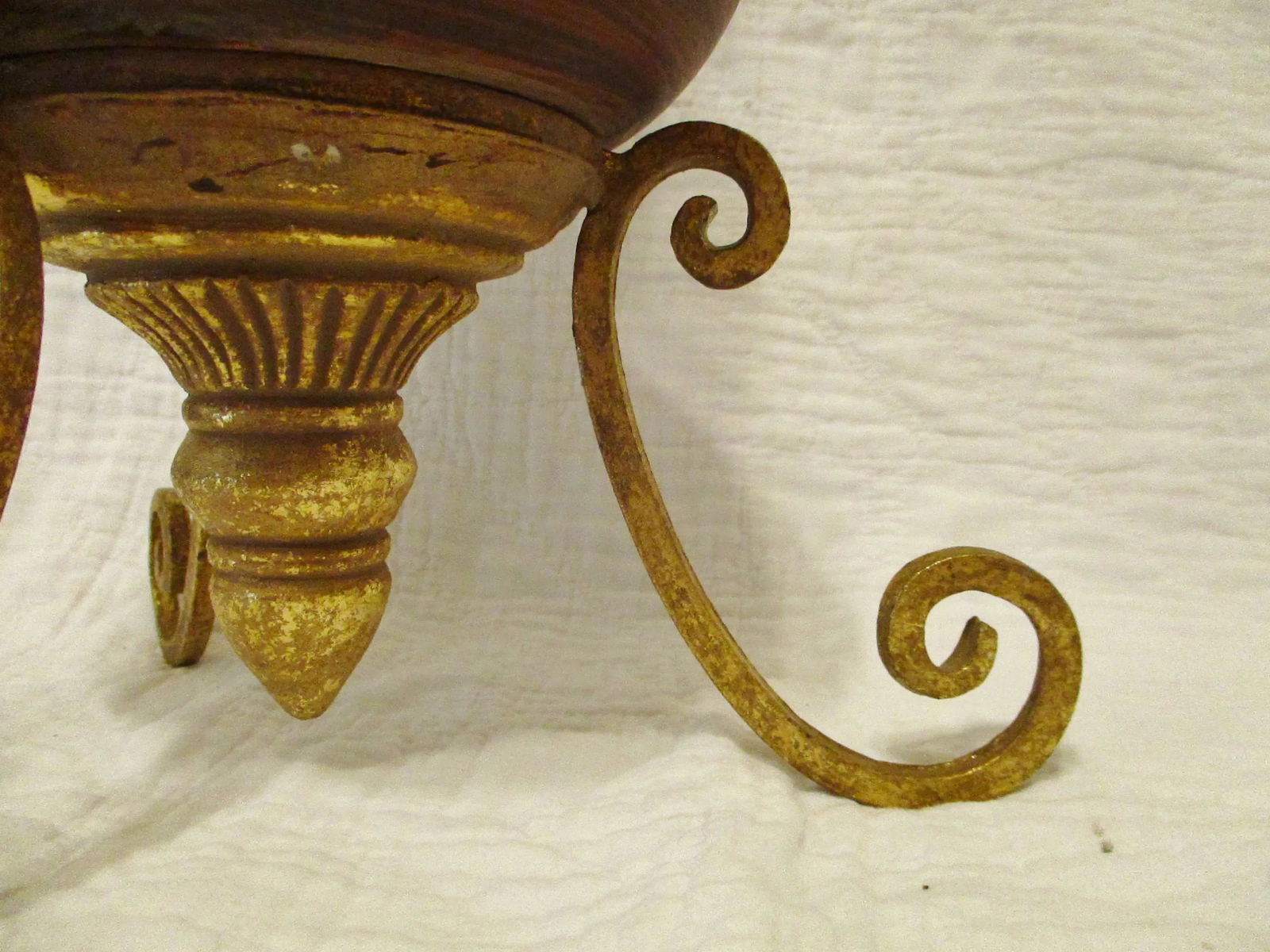 Vintage Tall Brown Turned Wood & Gold Metal Tripod Decorative Table Art - 9