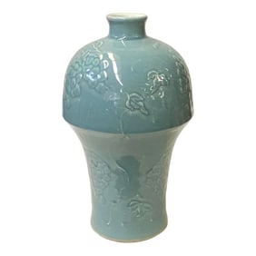 Handmade Oriental Pastel Blue Porcelain Vase With Grapes Motif