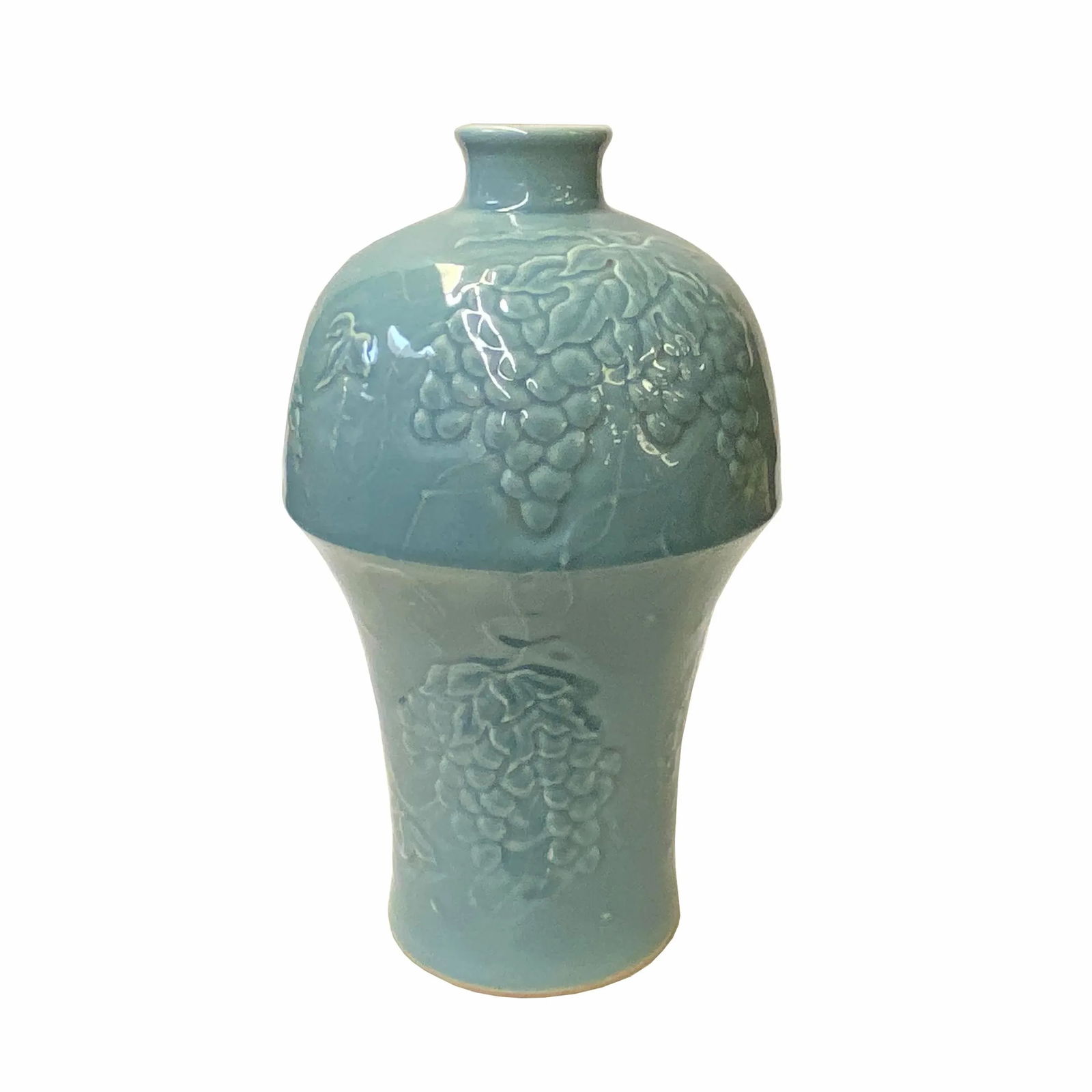 Handmade Oriental Pastel Blue Porcelain Vase With Grapes Motif - 3