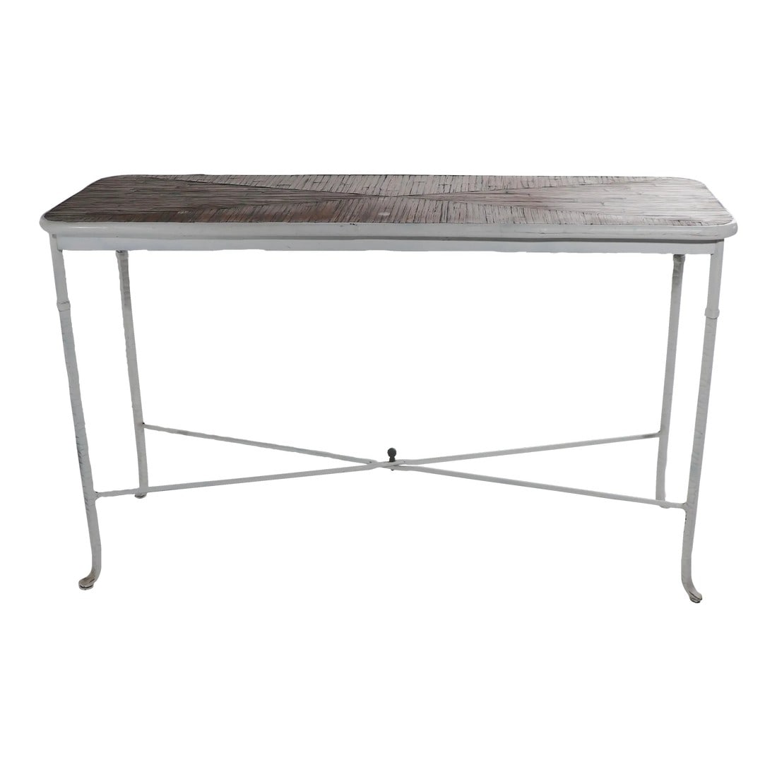 Wrought Iron and Bamboo Console Table: Chic console having a glass top over a bamboo surface, on wrought iron base. Inlayed bamboo top with glass surface, the wrought base has been painted white. Hard to find this type of furniture in a co