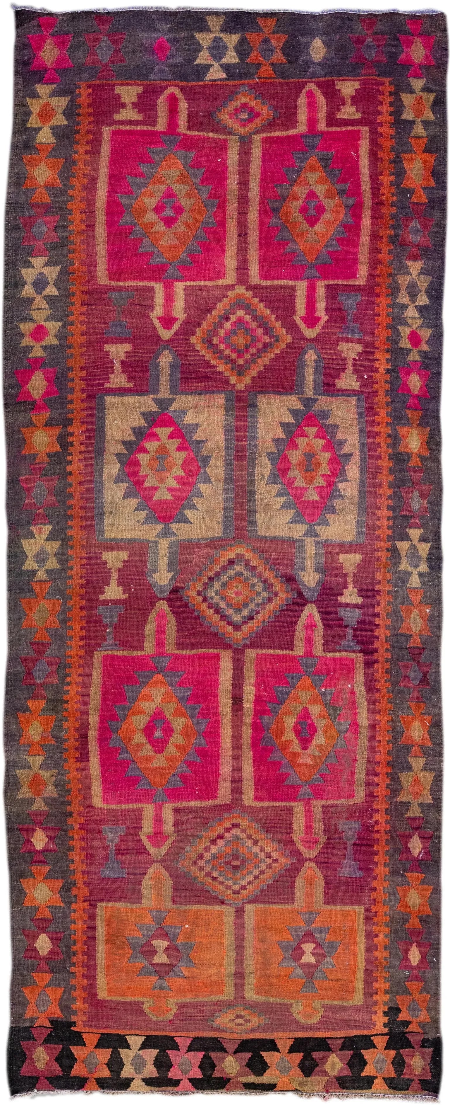 Pink Vintage Kilim Handmade Flatweave Geometric Motif Wool Runner - 11