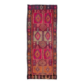 Pink Vintage Kilim Handmade Flatweave Geometric Motif Wool Runner