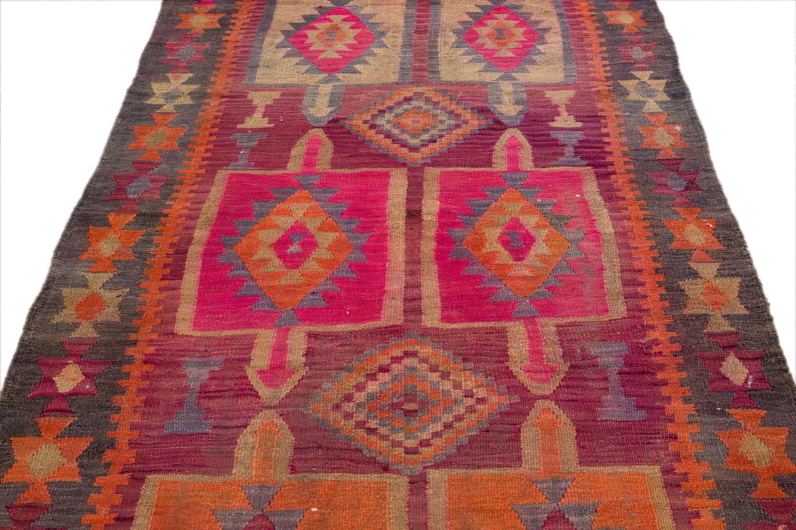 Pink Vintage Kilim Handmade Flatweave Geometric Motif Wool Runner - 3
