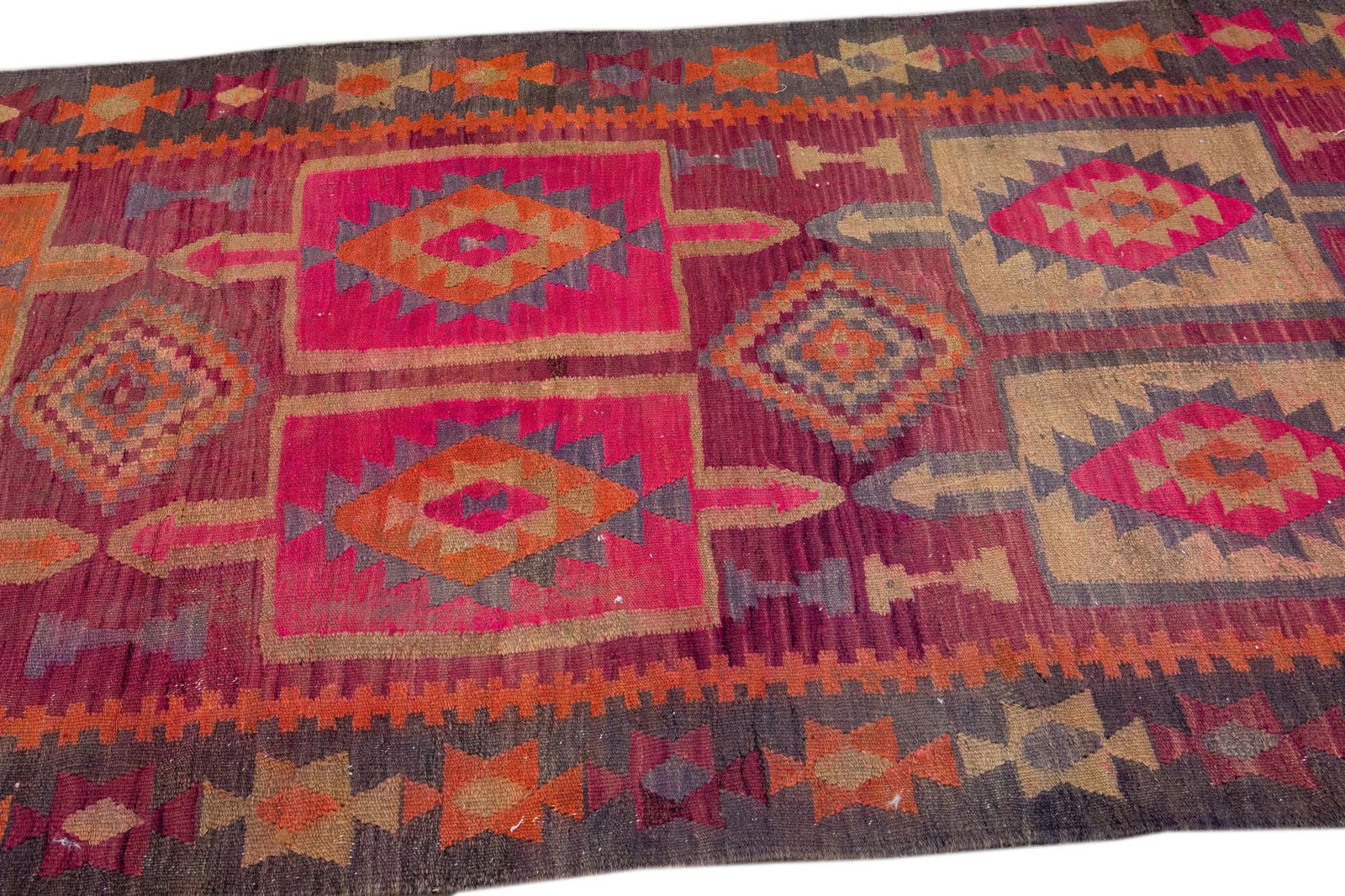 Pink Vintage Kilim Handmade Flatweave Geometric Motif Wool Runner - 8