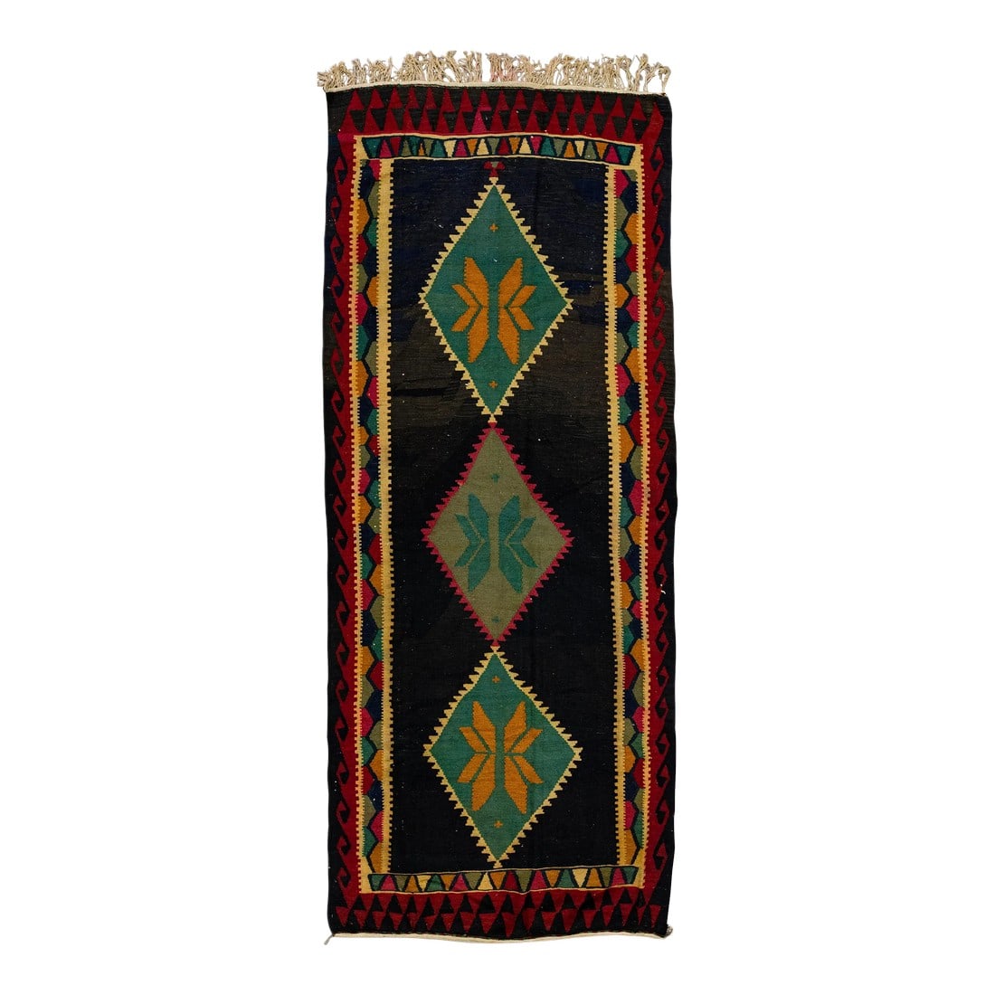 Vintage Kilim Brown Handmade Flatweave Tribal Wool Runner: Beautiful kilim handmade wool runner with a dark brown field. This Vintage flatweave rug has green, pink, and goldenrod accents that feature a gorgeous all-over tribal design. This rug measures: