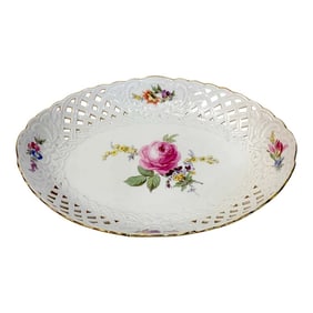 19th Century Meissen Floral Painted Reticulated Oval Basket