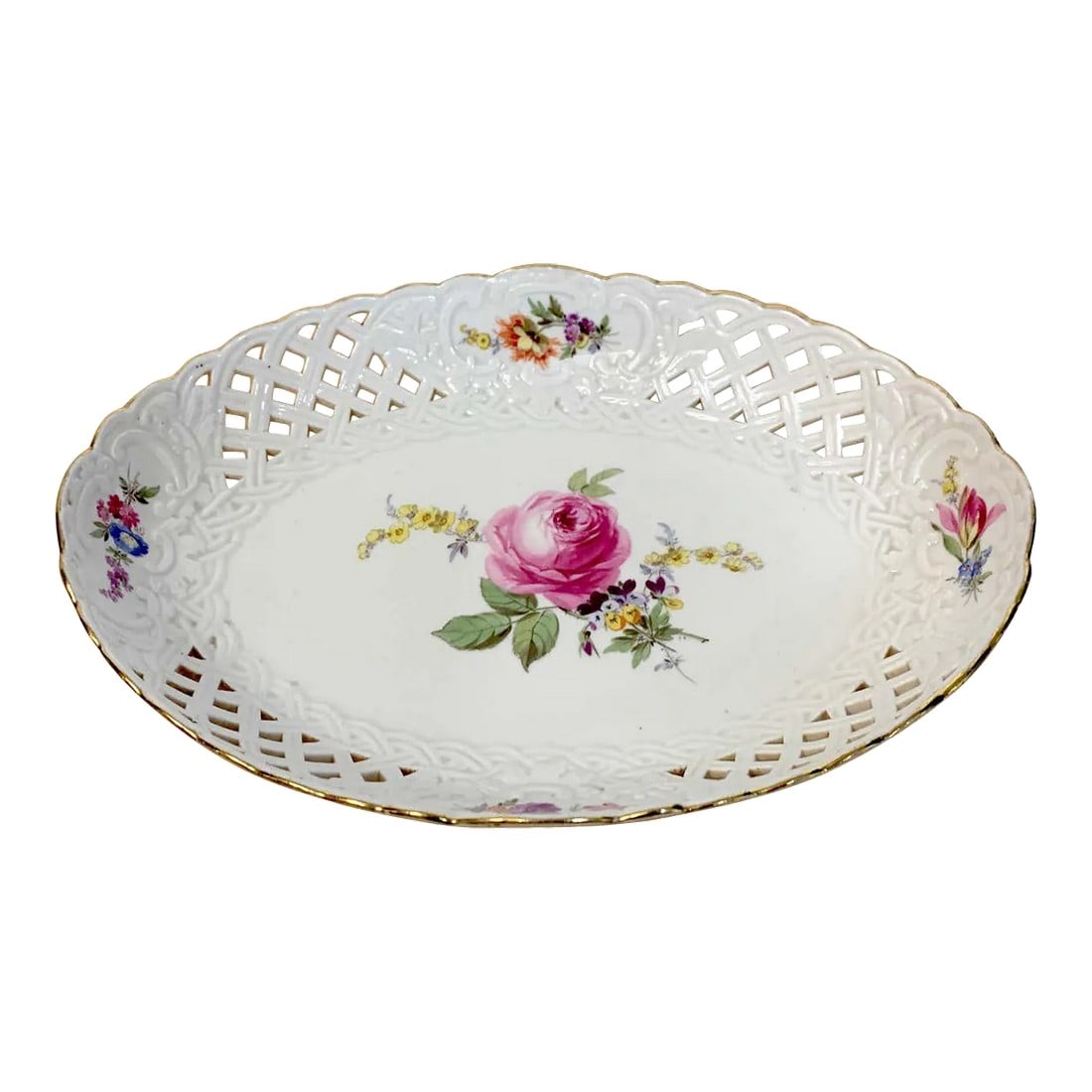 19th Century Meissen Floral Painted Reticulated Oval Basket (1 of 8)