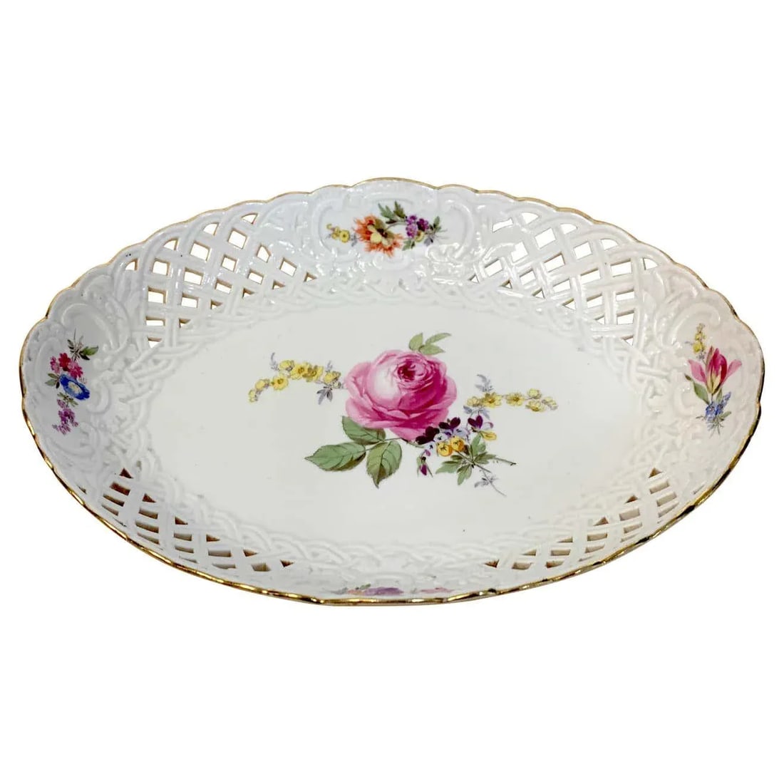 19th Century Meissen Floral Painted Reticulated Oval Basket - 8
