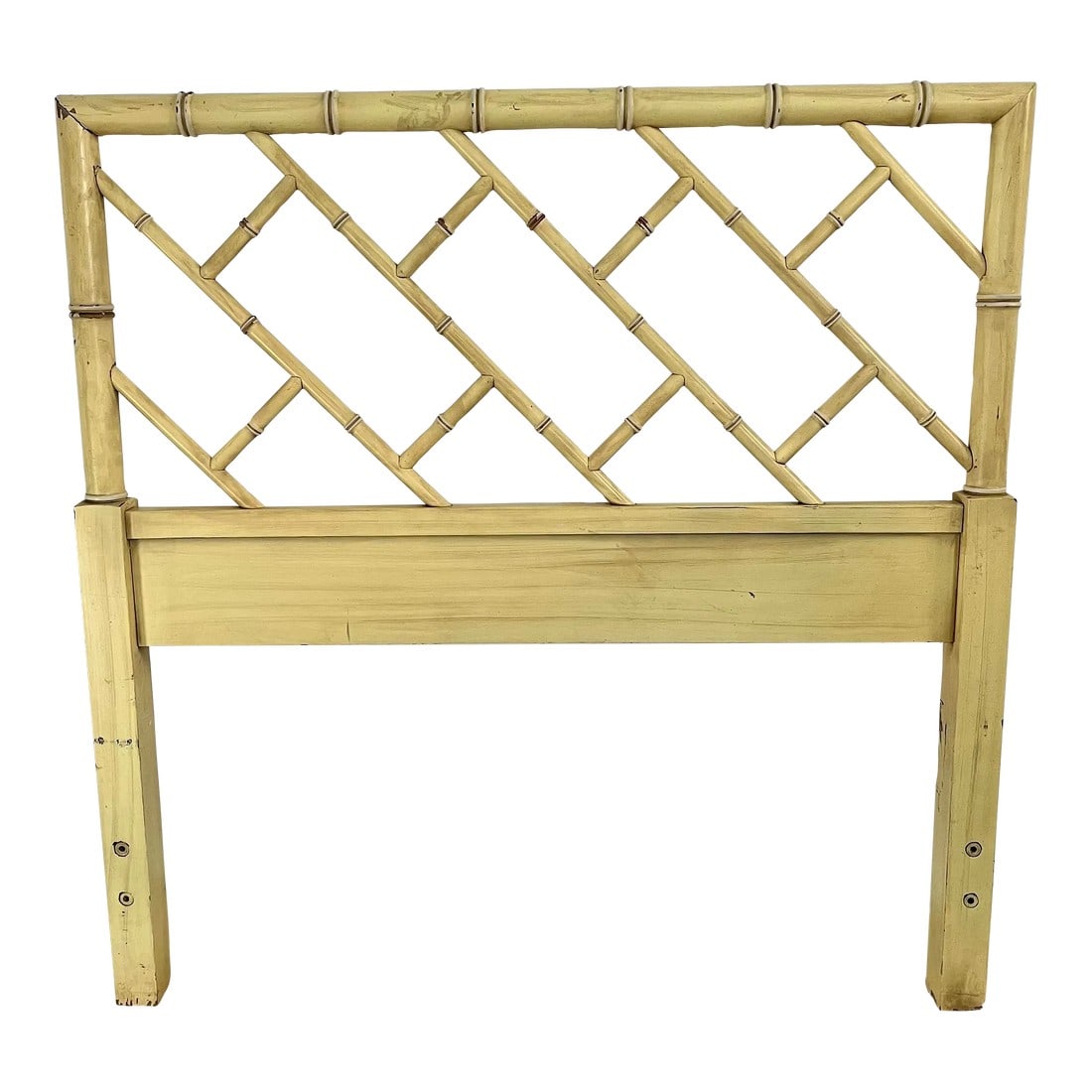 Vintage Chinoiserie Henry Link Faux Bamboo Twin Headboard: This vintage Henry Link twin-size faux bamboo headboard is ideal for a guest room or a child's room. It features an original rustic pale yellow finish with a lovely patina, but it could also be