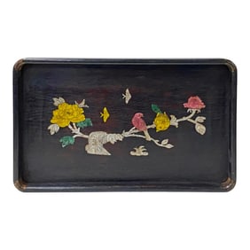 Chinese Rectangular Mother of Pearl Flower Birds Theme Wood Tray