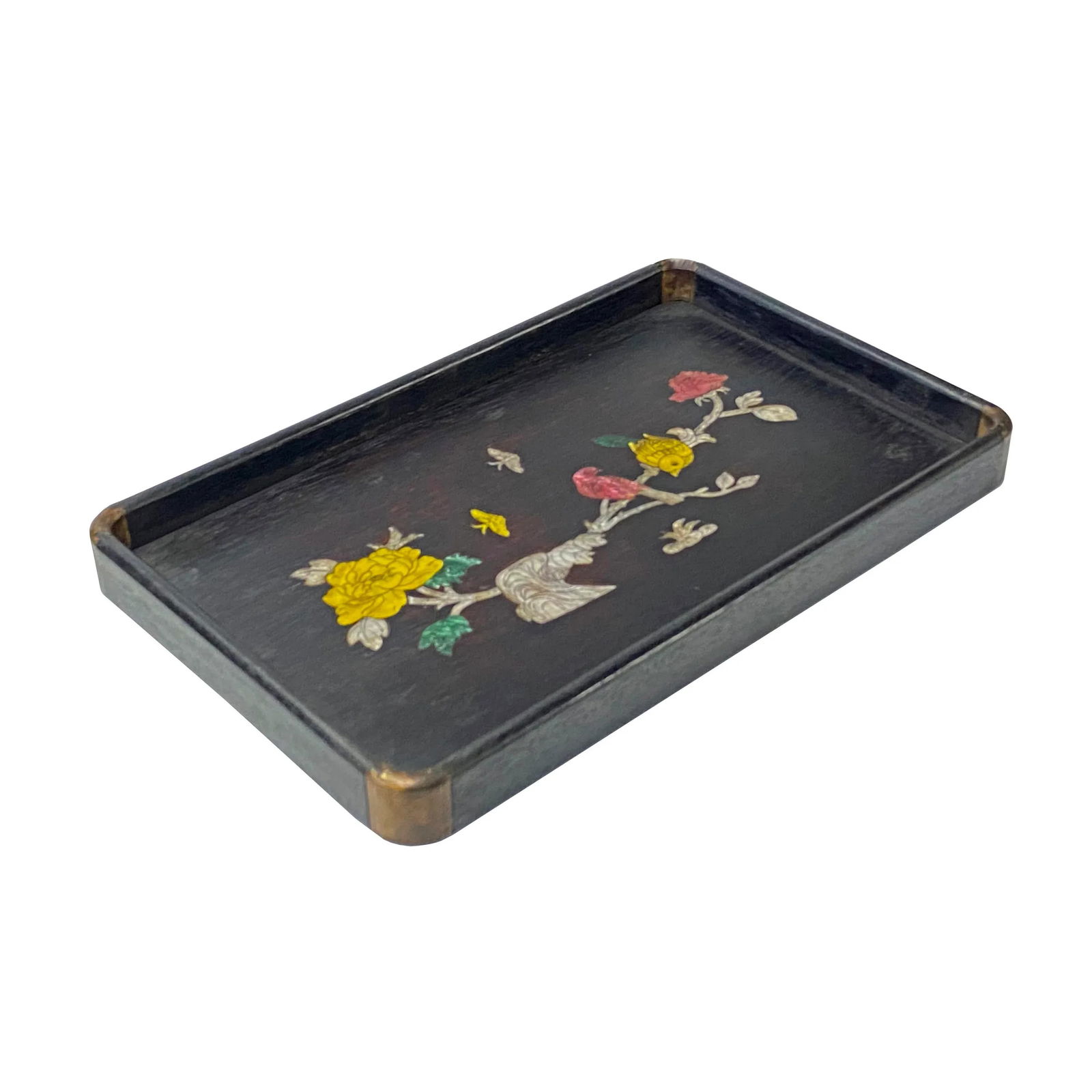 Chinese Rectangular Mother of Pearl Flower Birds Theme Wood Tray - 2
