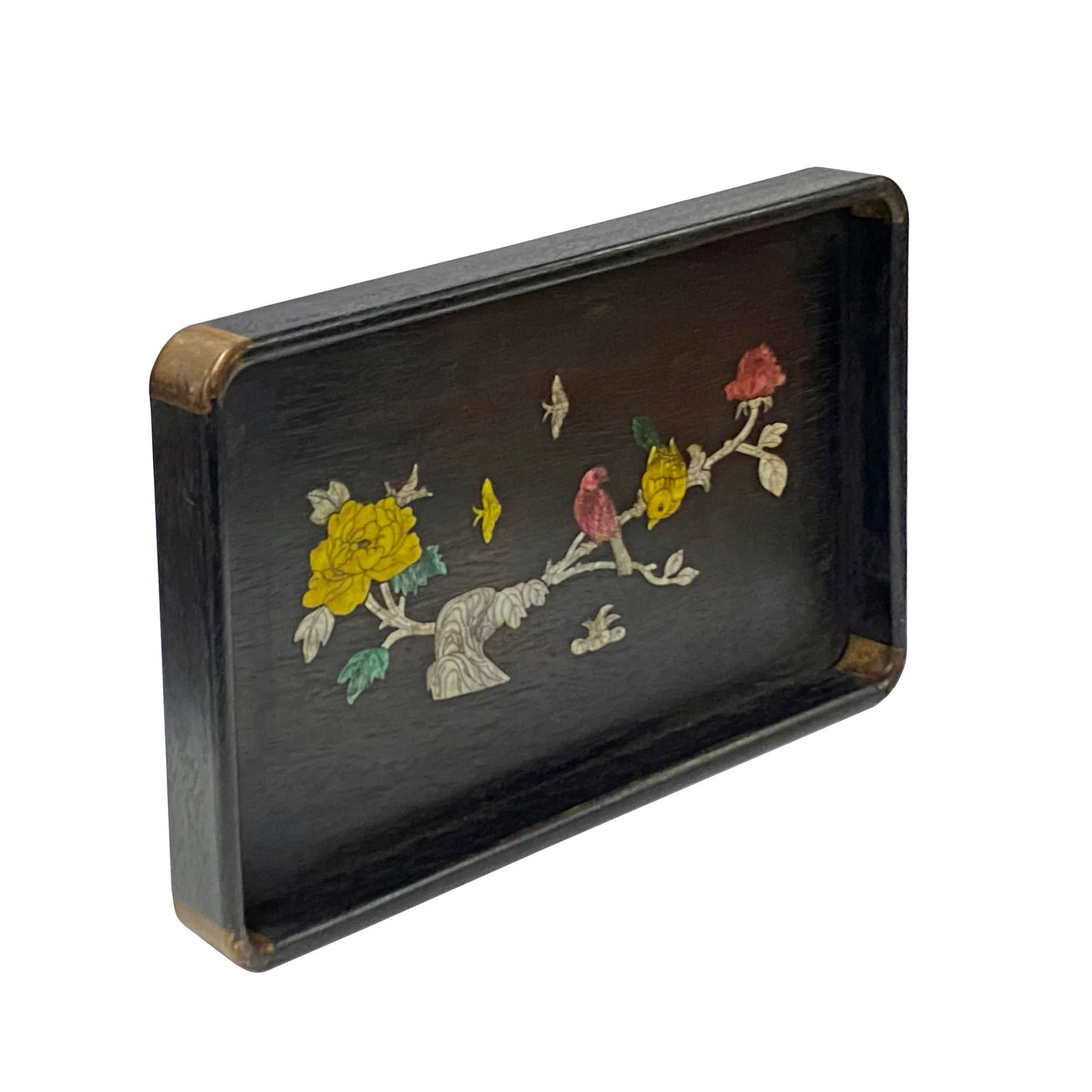Chinese Rectangular Mother of Pearl Flower Birds Theme Wood Tray - 3