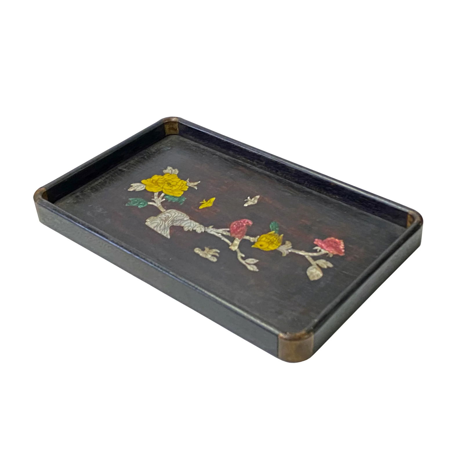 Chinese Rectangular Mother of Pearl Flower Birds Theme Wood Tray - 5