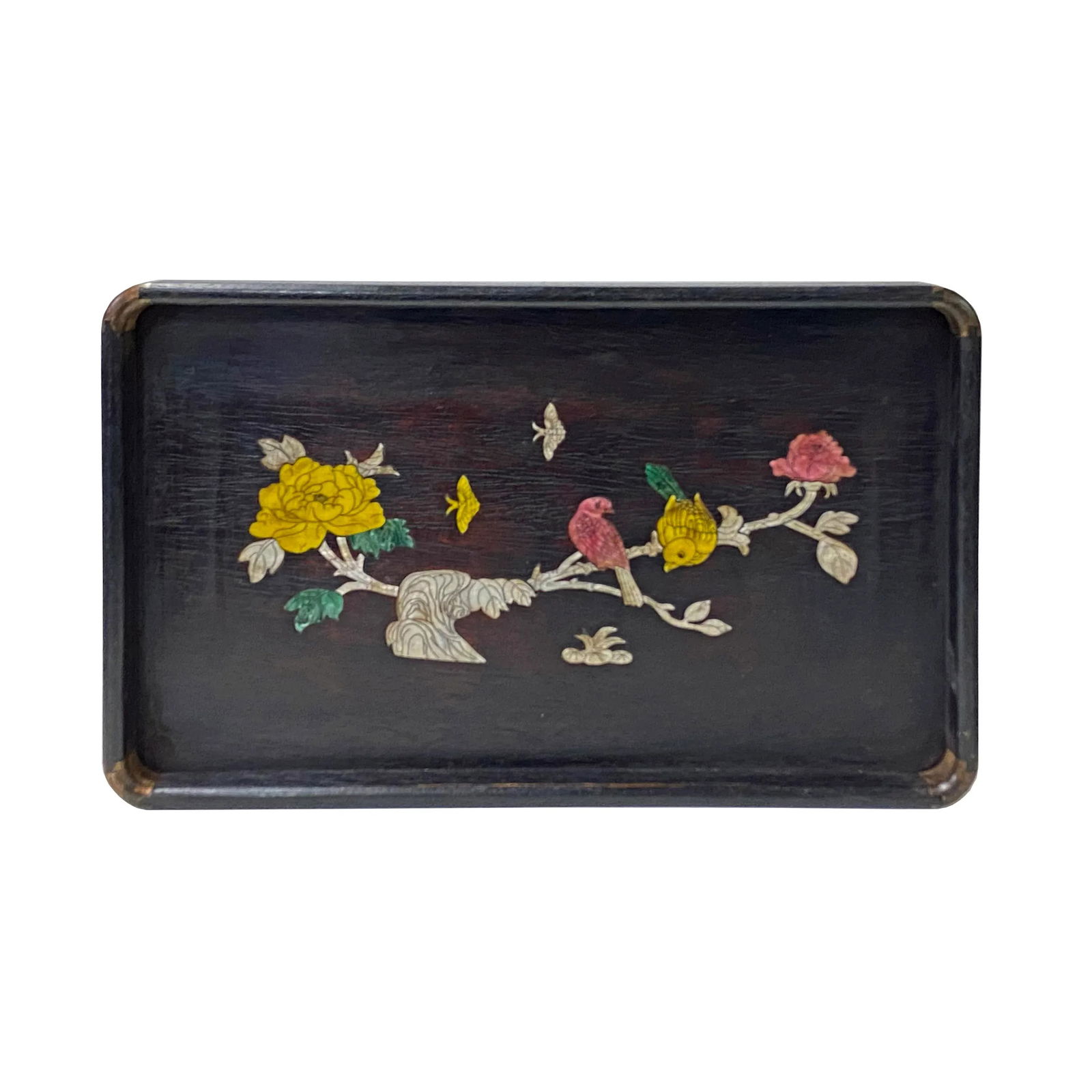Chinese Rectangular Mother of Pearl Flower Birds Theme Wood Tray - 6