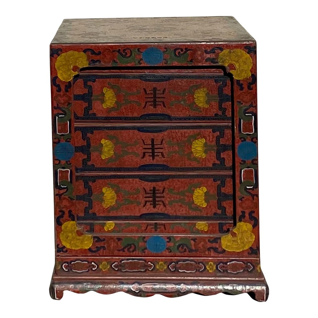 Chinese Distressed Brownish Red Dragon Graphic Trunk Box Chest: This is a handmade Chinese accent decorative chest stack box set made of wood and finished with a distressed Brownish Red base color. The surface is a colorful graphic of Qing Dynasty style dragons an