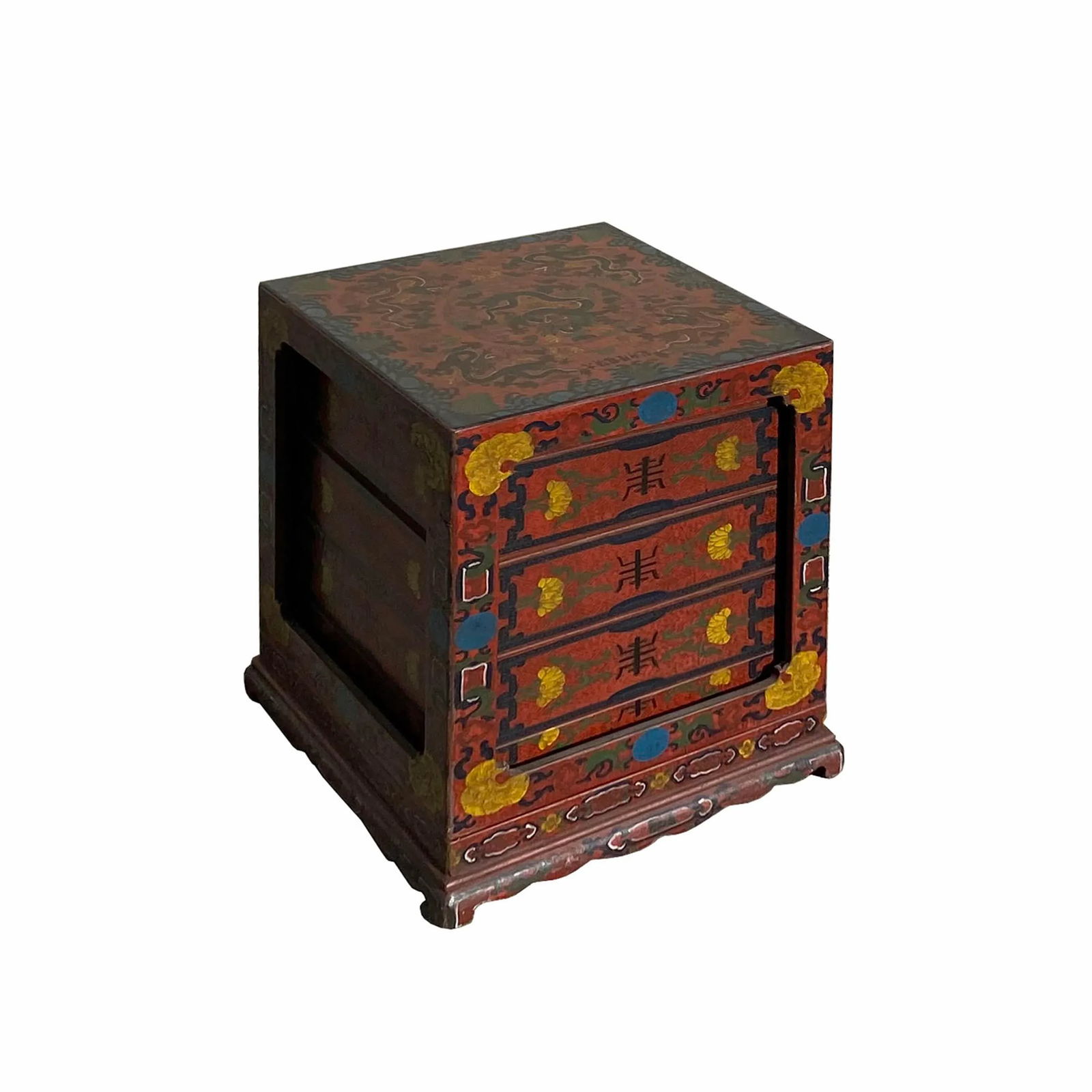 Chinese Distressed Brownish Red Dragon Graphic Trunk Box Chest - 3