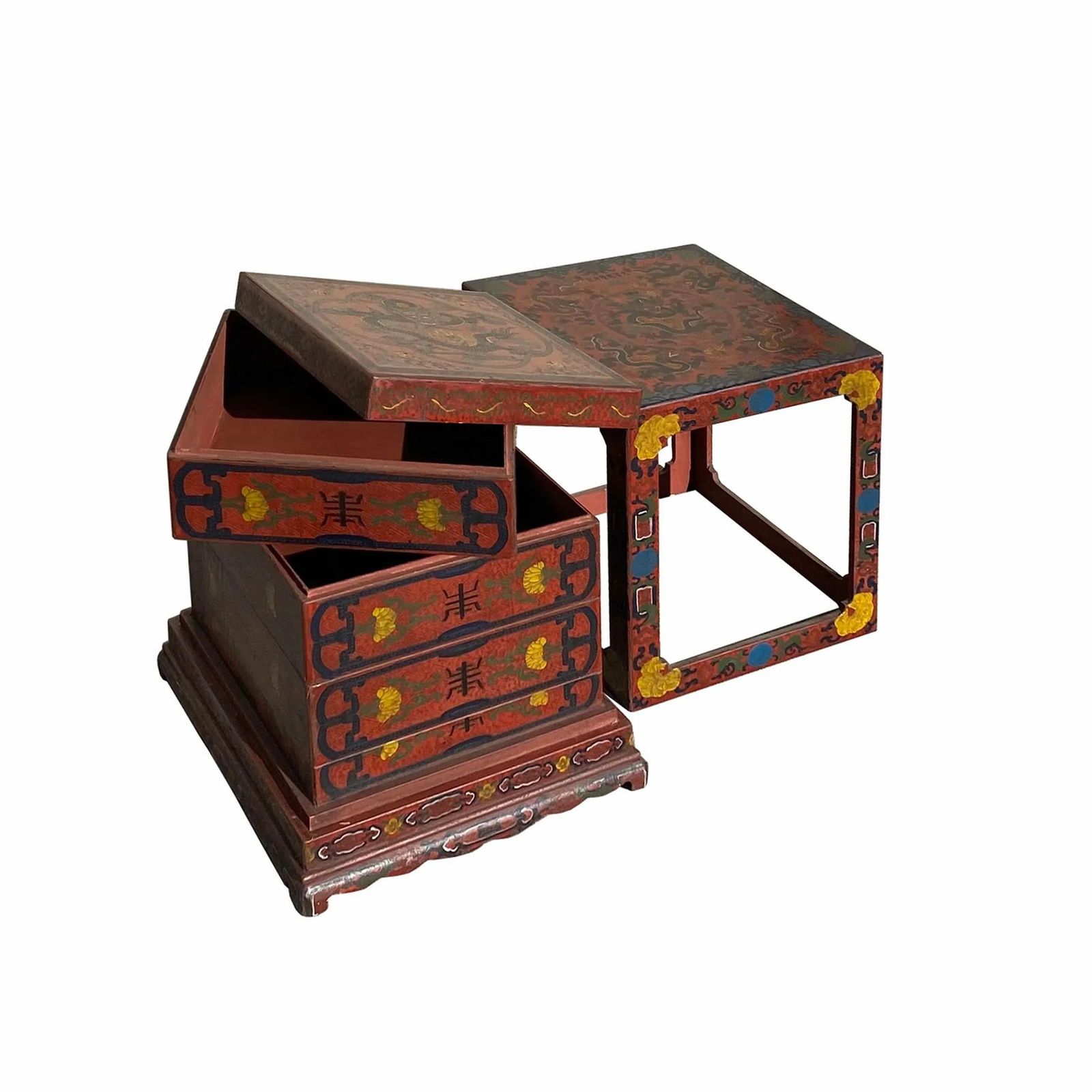 Chinese Distressed Brownish Red Dragon Graphic Trunk Box Chest - 4