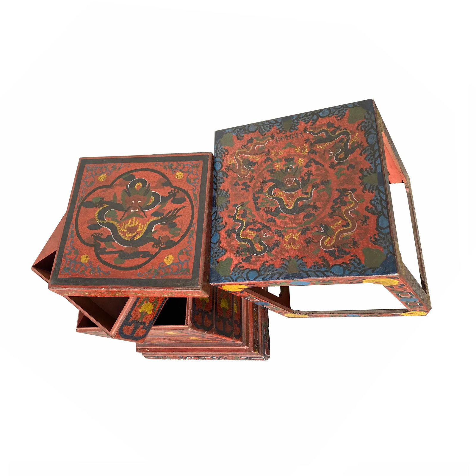 Chinese Distressed Brownish Red Dragon Graphic Trunk Box Chest - 5
