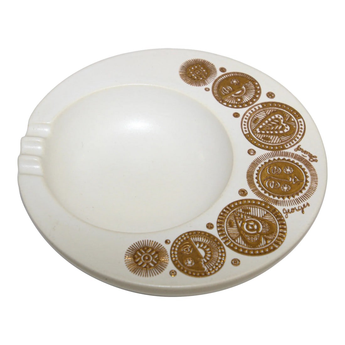 Georges Briard Midas Hyalyn Porcelain Ashtray with Gold Design: Georges Briard Midas Hyalyn porcelain ashtray trinket dish home bar decor. Vintage Georges Briard ceramic ashtray Mid Century Retro gold medallion graphics on white porcelain. White porcelain with gol