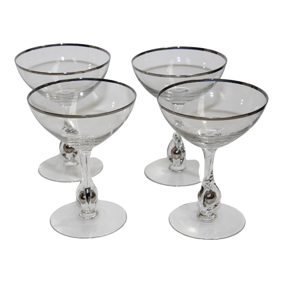 Crystal Footed Champagne Glasses with Silver Rim - Set of 4: Vintage footed drinking glasses crystal goblets, glassware. Elegant vintage midcentury crystal champagne footed glasses, silver rimmed. This exquisite set of four crystal stemware champagne coupes, sh