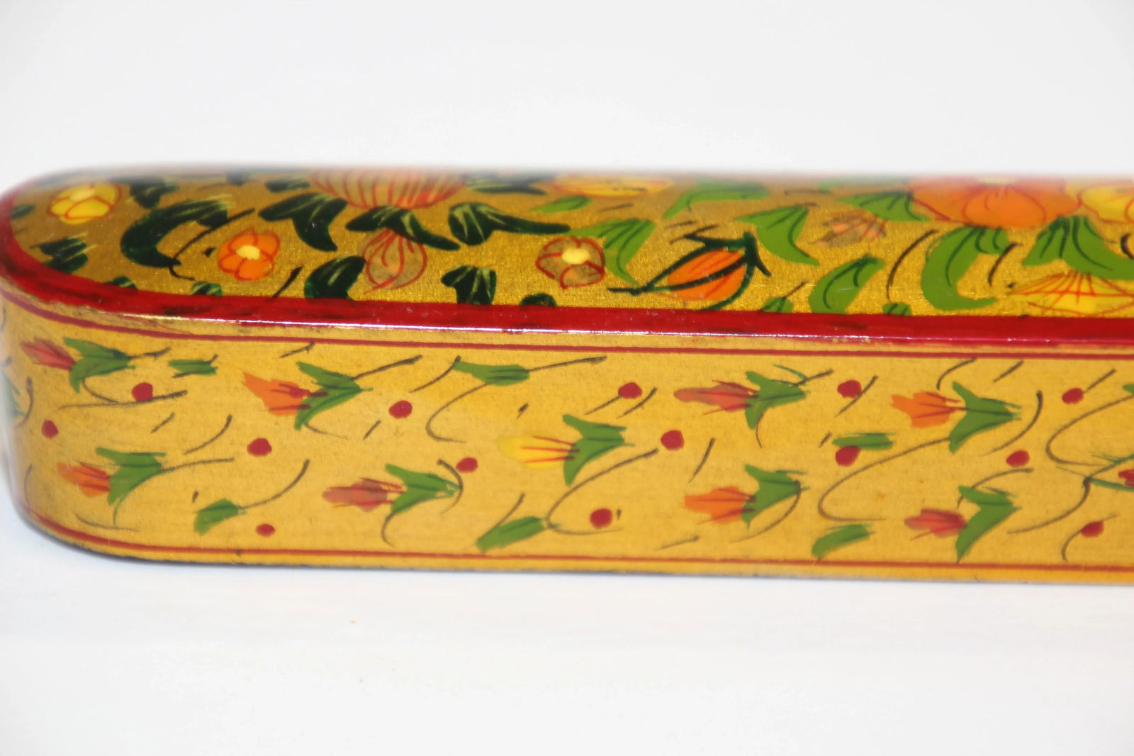 Persian Lacquer Pen Box Hand Painted with Floral and Gilt Design - 12