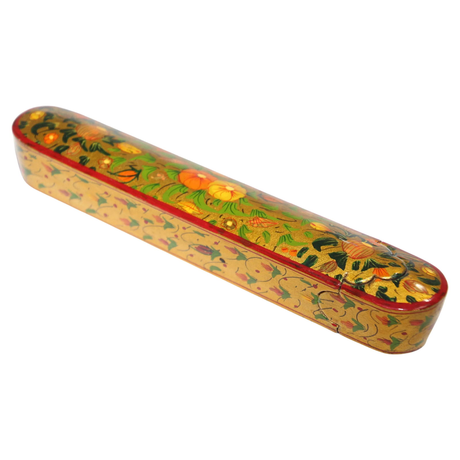 Persian Lacquer Pen Box Hand Painted with Floral and Gilt Design - 13