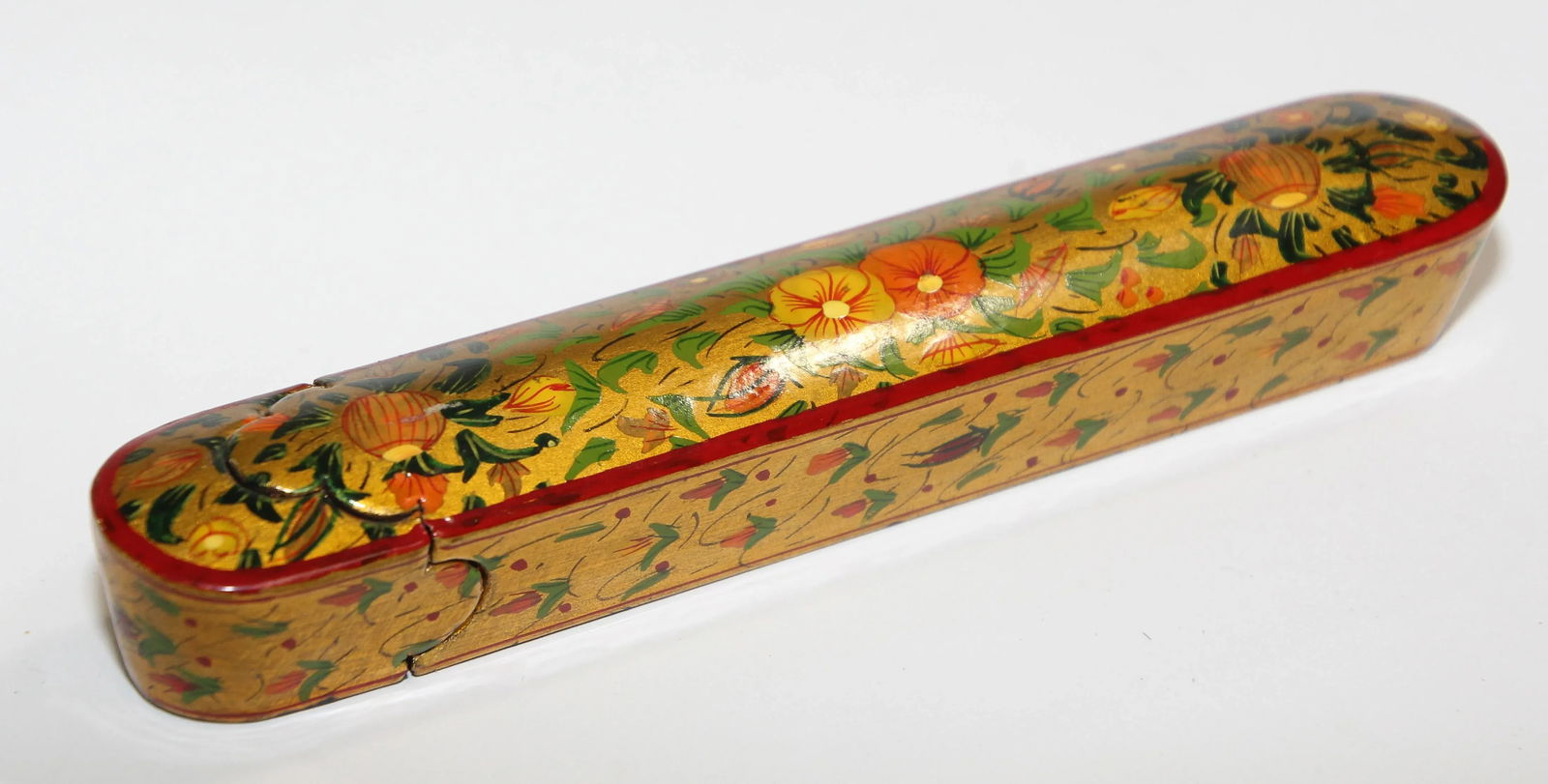 Persian Lacquer Pen Box Hand Painted with Floral and Gilt Design - 2