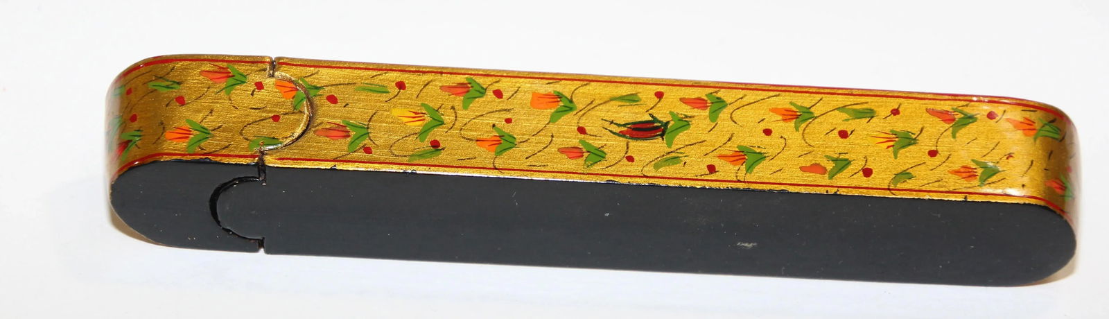 Persian Lacquer Pen Box Hand Painted with Floral and Gilt Design - 3